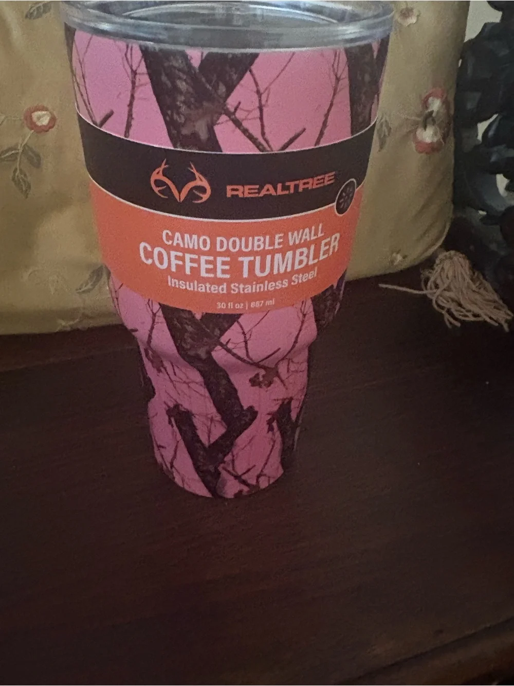 Realtree Pink Camo Coffee Tumbler with Tree Branch Print